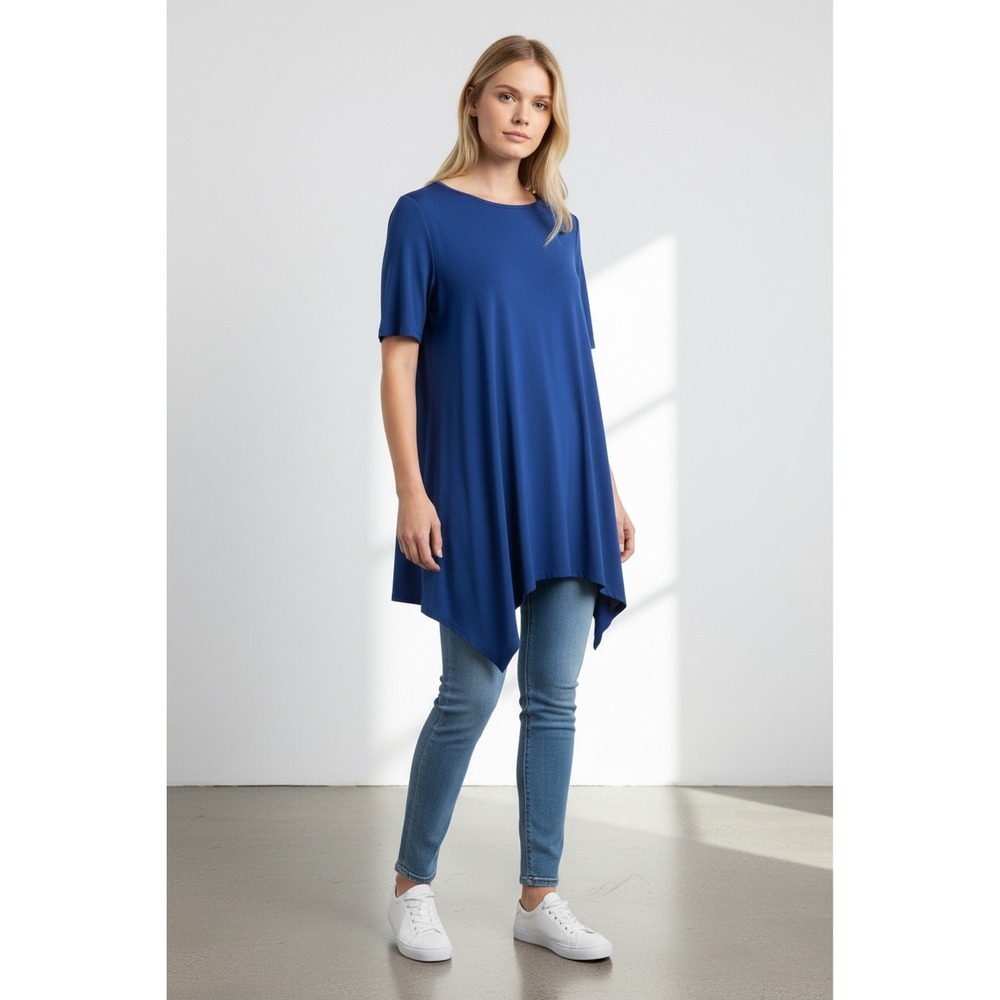 Chico's The Ultimate Tee Women 2‎ Large Blue Asymmetrical Short Sleeve Tunic Top